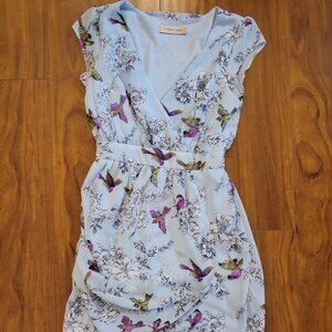 Traffic People Women's Light Blue Bird Floral Print Tulip Hem Dress, Size XS